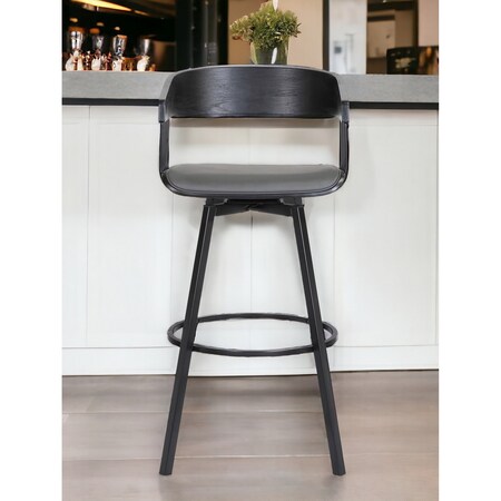Homeroots 31" Gray and Black Faux Leather with Metal Swivel Bar Height Bar Chair 534458