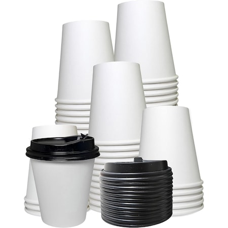 Ecoquality 10oz White Disposable Paper Coffee Cups with Black DomeLids - For Office, and Latte, 150PK EQ10WPCBDL-150