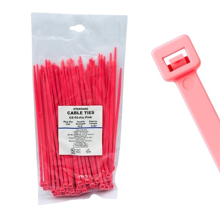 Cable Ties Unlimited Cable Tie, 8 in L, 50 lb Strength, 2.2 in Max Bundle Dia, Nylon 6/6, Fluorescent Pink 100PK C8-50-Flo Pink