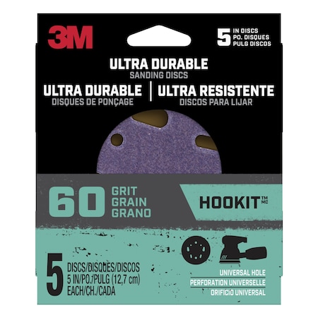3M Ultra Durable 5 inch Power Sanding Discs, Universal Hole, 60 grit, 5/pk, 20PK DISC5IN5PK60