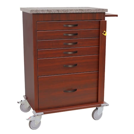 Harloff Tall Wood Vinyl Aluminum Emergency Cart with Six Drawers, Breakaway Lock and Cherry Mahogany Finish WV6400-CM