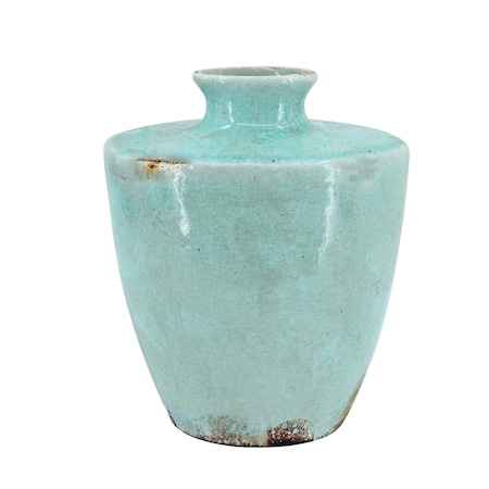Homeroots 12" Aqua Terracotta Crackle Glaze Round Table Vase 534265