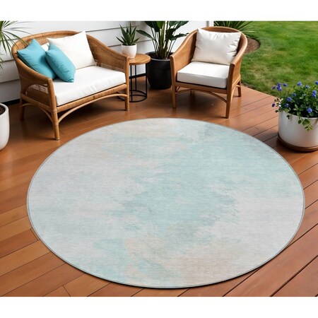 Homeroots 8' Pale Aqua Beige And Ivory Round Abstract Washable Indoor Outdoor Area Rug 617415