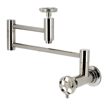 Kingston Brass Wall Mount Pot Filler Faucet with Knurled Handle, Polished Nickel KS8106RKZ