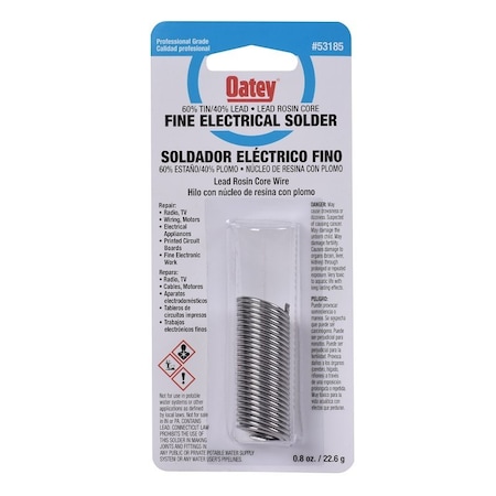 Oatey Rosin Core Solder, 0.8 oz Carded, Solid, Silver, 361 to 375 deg F Melting Point 53185