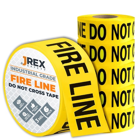 Jrex Safety Fire Line Do Not Cross Tape Roll - 3 Mil - 1000 Ft x 3 Inch Wide Each - Yellow, 6PK PFLT-JR-3M-6PK
