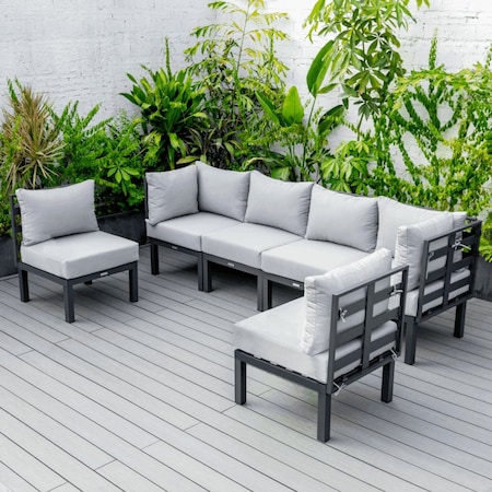 Leisuremod Chelsea 6-Piece Patio Sectional Black Aluminum With Cushions, Light Grey CSBL-6LGR