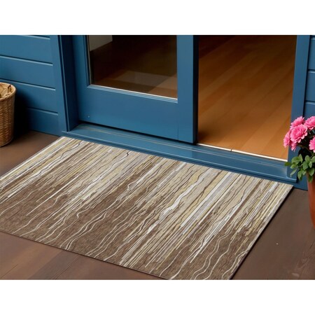 Homeroots 3' X 5' Brown Beige And Ivory Striped Washable Indoor Outdoor Area Rug 597229