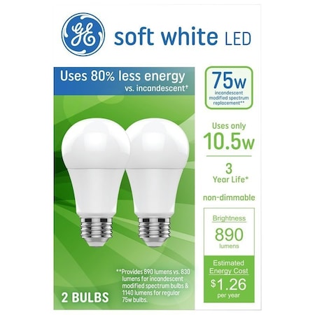 Ge LED Light Bulb, A19 Lamp, 75 W Equivalent, Medium Lamp Base, Non-Dimmable, PK2 93131321