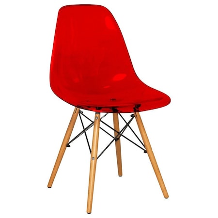 Leisuremod Dover Plastic Dining Side Chair with Wooden Legs, Transparent Red EP19TR