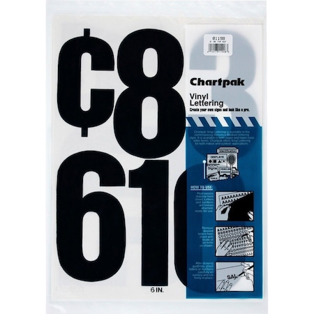 Chartpak Press-On Numbers, Vinyl, 6", Black, PK21 01198