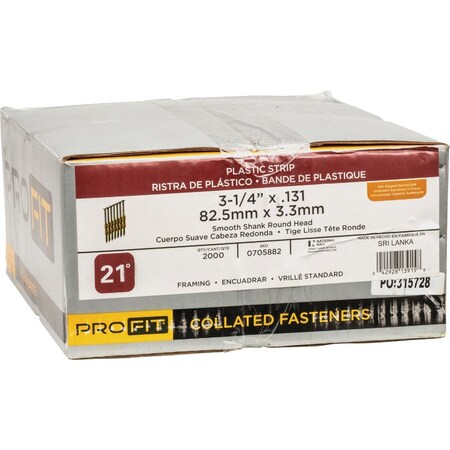 Pro-Fit 3-1/4''x0.131'' 21Deg Plastic Strip Smth Shnk Rnd Hd Hot Dipped Glvnzd Framing Stick Nails, 2000 Ct. 705882