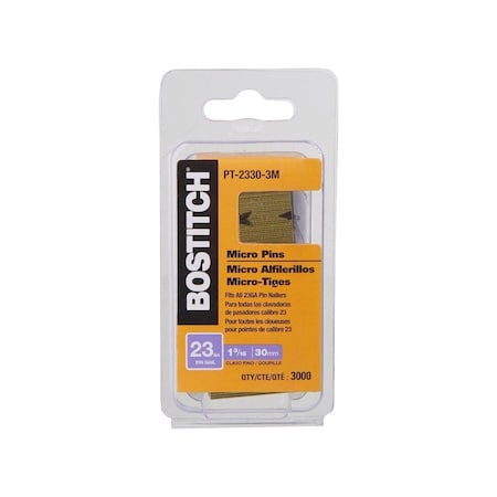 Bostitch Pin Nail, 0.64 in Dia, 1-1/4 in L, 23 ga Thick, Steel, Bright000, 3000PK PT-2330-3M