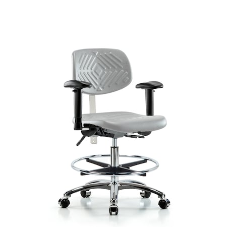 Blue Ridge Ergonomics CL100CleanRoom Chair-Medium Bench Height with Adj Arms, Chrome Foot Ring, & Casters in Gray Poly NCR-PMBCH-CR-T0-A1-CF-CC-GRY
