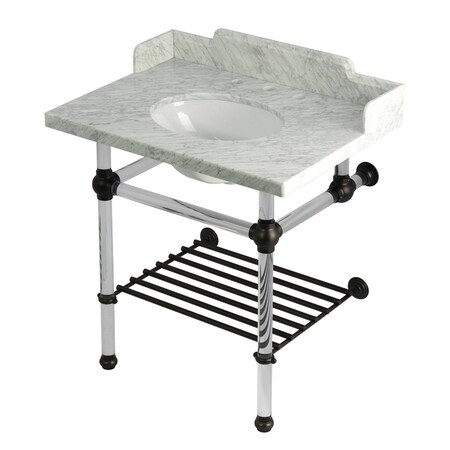 Kingston Brass 30-Inch Carrara Marble Console Sink with Acrylic Legs and Shelf, 8-Inch, 3-Hole LMS3030MAB5