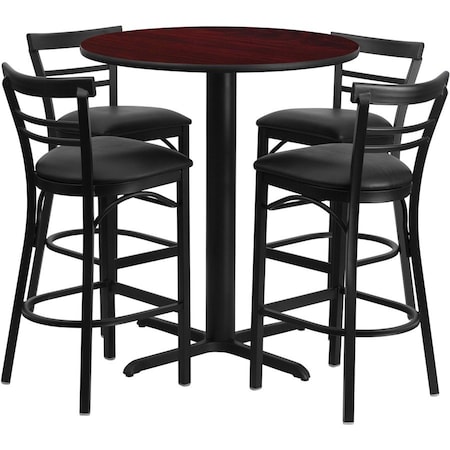 Flash Furniture Round Mahogany Bar Table, X-Base, Blk Seats, 24", 24" L, 24" W, 42" H, Laminate Top, Wood Grain HDBF1034-GG
