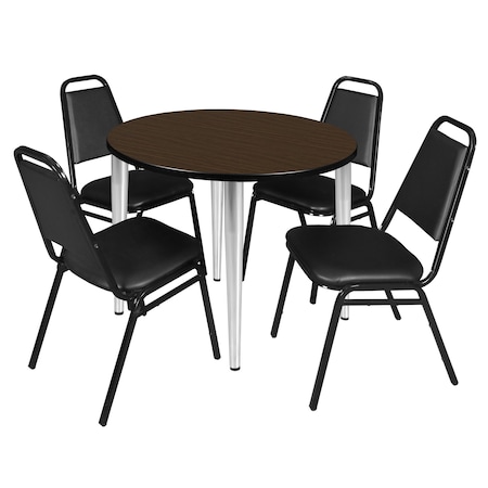 Regency Round Kahlo Breakroom Table W/ 4 Restaurant Stack Chairs, 42 in W, 42 in L, Neo Walnut TPL42RNDNWCM29BK