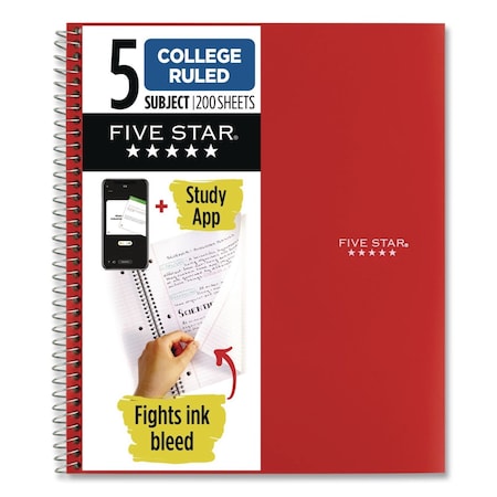 Five Star Wirebound Notebook, 5-Subject, Medium/College Rule, Fire Red Cover, (200) 11 x 8.5 Sheets 72077