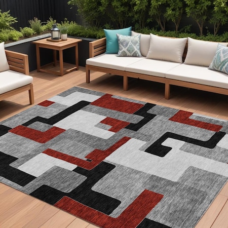 Homeroots 8' X 10' Gray Ivory And Red Geometric Washable Indoor Outdoor Area Rug 613214