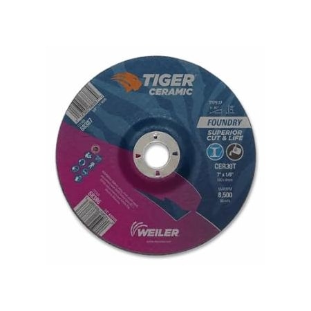 Weiler Tiger Grinding Wheel, Combo, 7 in dia x 1/8 in Thick x 7/8 in Arbor, 30 Grit, Ceramic, 25PK 804-68386