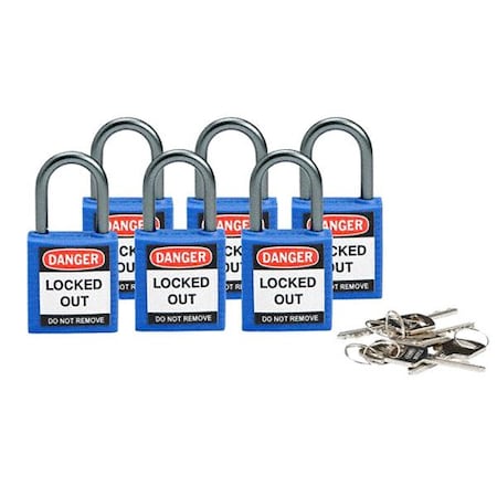 Brady Lockout Padlock, Keyed Different, Nylon, Blue, 1 in Shackle Height, 1 3/16 in Body Width, 6 PK 118929