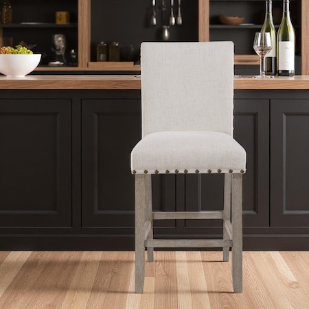 Homeroots 26" White and Natural Wood and Fabric Counter Height Bar Chair 564787