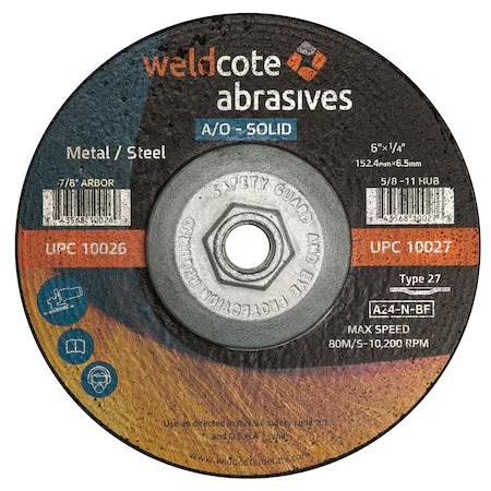 A-Solid 6in x 1/4in x 5/8-11 A24-N-BF Steel T27 Grinding Wheel, 10PK 10027