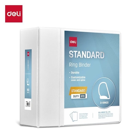 Deli Std Duty View Binder 5in, Letter, D-Ring, PVC-Free, White, 2PK CF572-WH