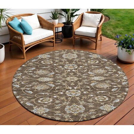 Homeroots 8' Chocolate Ivory And Gray Round Moroccan Washable Indoor Outdoor Area Rug 605153