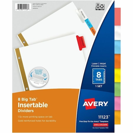 Avery Dennison Avery WorkSaver Big Tab Insertable Tab Divider, Blank, 8.5"x11", 8 Tabs, White/Multicolor 11123