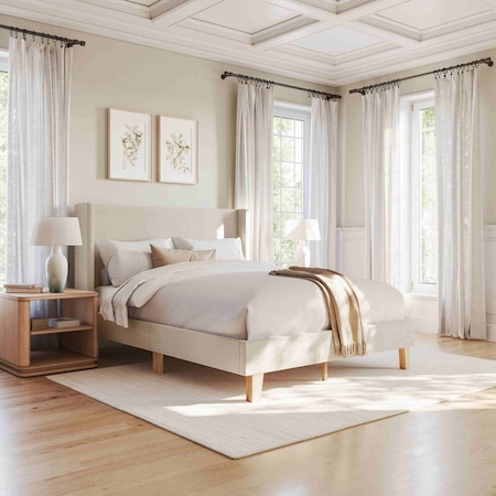 Martha Stewart Maisie Queen Upholstered Platform Bed, Wingback Headboard and Cushioned Siderails TW-3WDB0032-Q-BG-MS