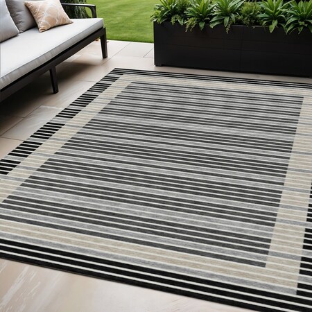 Homeroots 5' X 8' Black And Beige Striped Washable Indoor Outdoor Area Rug 610457
