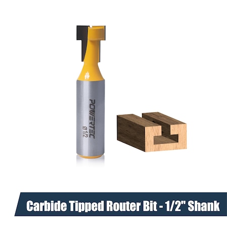 Powertec T Track, Tungsten Carbide Tipped Router Bit, 1/2" Shank, 1/2" Dia., Compatible with 1/4" T Bolts 73067