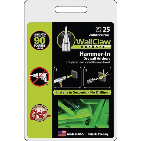 Wallclaw Anchors WallClaw Anchor No, 8 Thread x 1-1/4'' Green Drywall Plastic Anchor, 25 Ct. PCK-WC25-YS