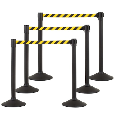 Us Weight Black Plastic Stanchion for Crowd Control w/6.5' Black/Yellow Chevron Retractable Barrier Belt, 6PK U2000CYBPK6