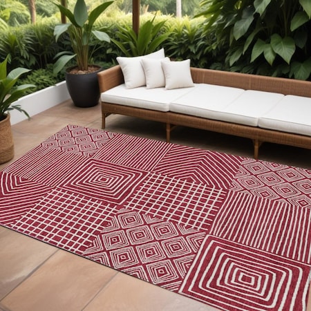 Homeroots 10' X 14' Red And Ivory Geometric Washable Indoor Outdoor Area Rug 600743