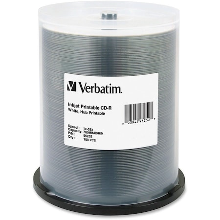 Verbatim Americas Verbatim CD-R Discs, 95252, 52X, 700MB/80Min, Inkjet/Hub Printable, Spindle, 100/Pk, White 95252