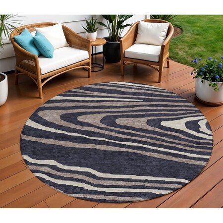 Homeroots 8' Black Taupe And Beige Round Faux Bois Washable Indoor Outdoor Area Rug 614475