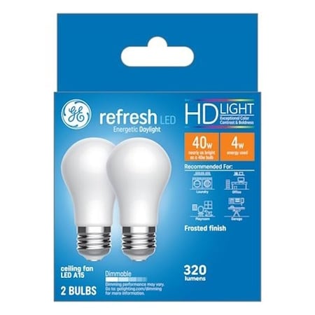 Ge Refresh Series Replacement LED Light Bulb, A15 Lamp, 40 W Equivalent, E26 Dimmable, White, PK2 31375