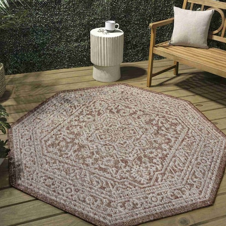 Jonathan Y Sinjuri Medallion Textured Weave Red/Taupe 5 ft Octagon Indoor/Outdoor Area Rug SMB101A-5TGN