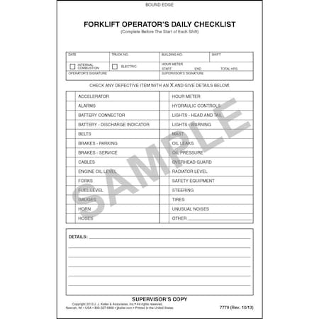 Jj Keller Forklift Inspection Book, Yellow, 5 1/2" W 7779