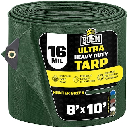 Boen Ultra Heavy Duty Tarp, 8 ft x 10 ft, 16 Mil, Green, Polyethylene HGT-810