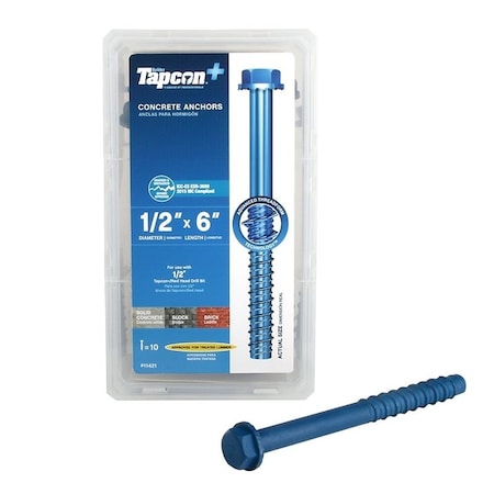 Tapcon Heavy-Duty Concrete Screw Anchor, 1/2 in Dia, 6 in L, 10PK 11421