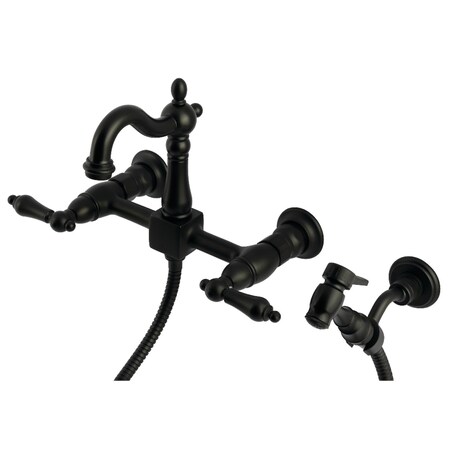 Kingston Brass Two-Handle Wall Mount Bridge Kitchen Faucet with Brass Sprayer, Matte Black KS2440ALBS