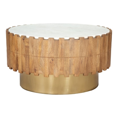 Homeroots 31" Gold Natural And White Iron Wood And Faux Marble Round Block Coffee Table 565069