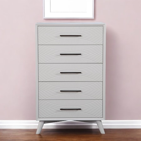 Homeroots 34" White Carved Geometric Solid Wood Five Drawer Dresser 524116