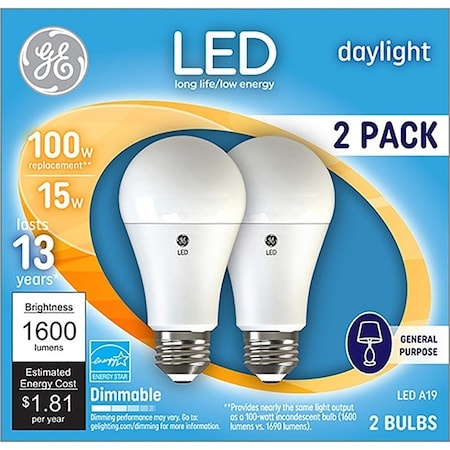 Ge Light Bulb, A19 Lamp, 100 W Equivalent, Medium Lamp Base, Dimmable, Daylight, PK2 93127672