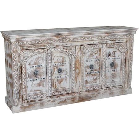 Homeroots 75" White Distressed Solid Wood Carved Floral Sideboard with Four Doors 635825