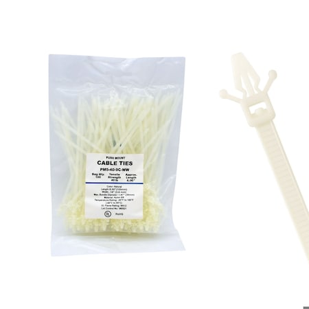 Cable Ties Unlimited Push Mount Cable Tie, Wings, 5 in L, 40 lb Strength, 1.1 in Max Bundle Dia, Nylon, Natural, 100PK PM5-40-9C-WW