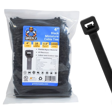 Grizzly Supply Cable Tie, 4 in L, 18 lb Strength, 1.0 in Max Bundle Dia, Nylon 6/6, UV Resistant, Black, 1000PK GS-M4-18-0M